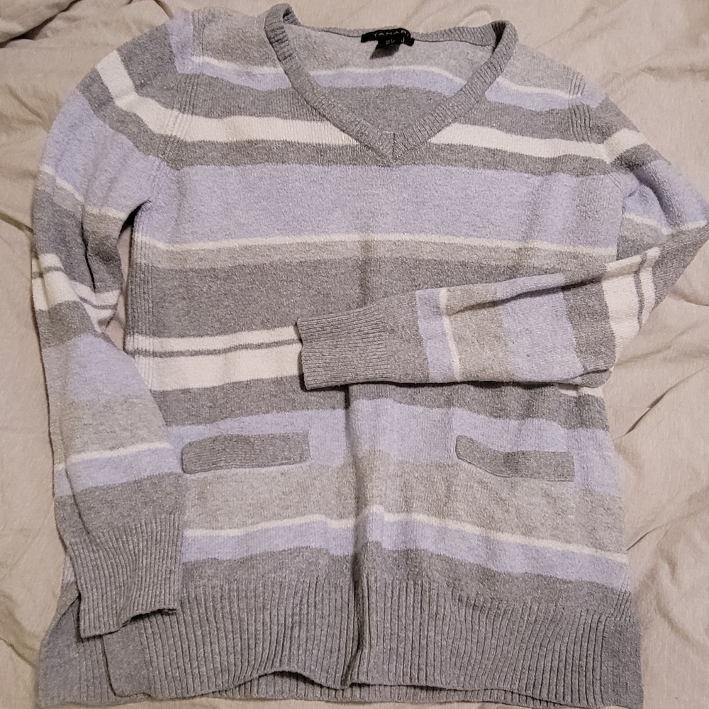 Gray Striped V-Neck Women's Sweater
